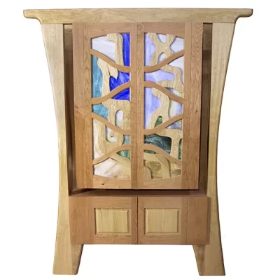 hanging cherry wood torah ark with stained glass and wood doors