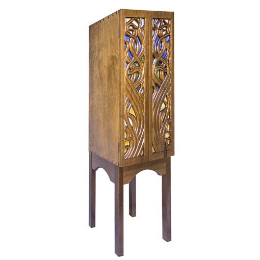 solid wood torah ark with carving and stained glass