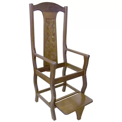 Elijah's Chair with modern design, carving, and glass inlays, representing the twelve tribes of Israel