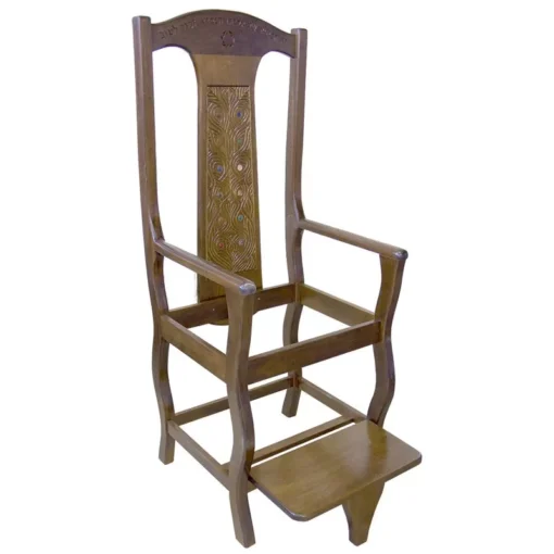 Elijah's Chair with modern design, carving, and glass inlays, representing the twelve tribes of Israel