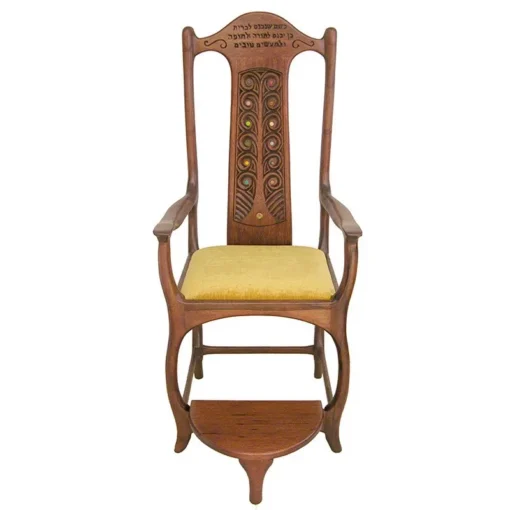 Contemporary Elijah's Chair for Synagogue Kise Eliyahu from solid wood and carving of tree of life and inlays of the twelve tribes of Israel