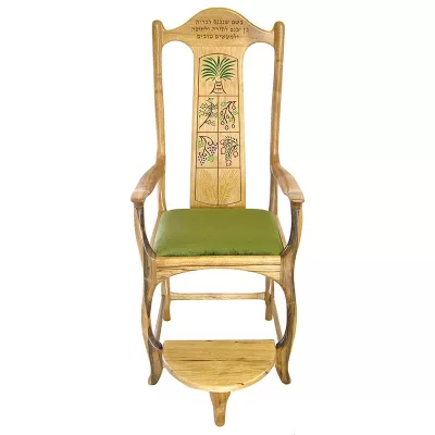 Seven Species carved and painted elijah's chair with upholstered seat for synagogue
