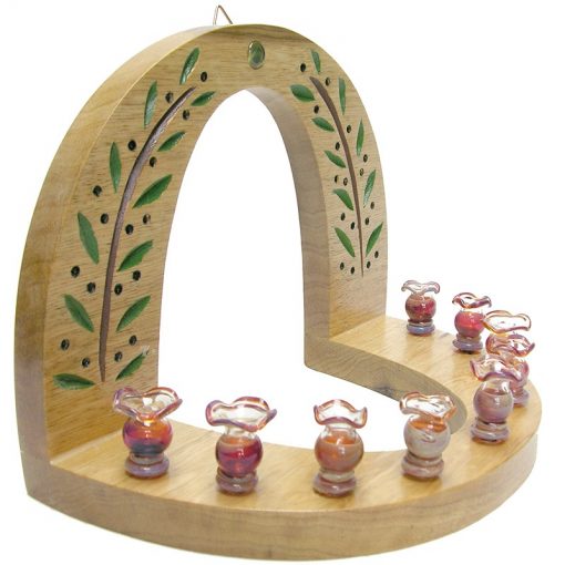 wall hung carved wood hannukiah menorah with blown glass