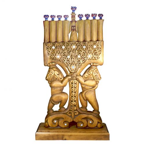 hand carved lions and flameworked glass menorah
