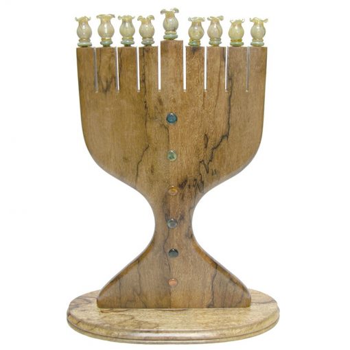 African Walnut menorah with flameworked glass inlays and glass blowing