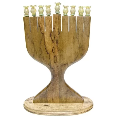 African Walnut menorah with glass inlays with deep grain structure