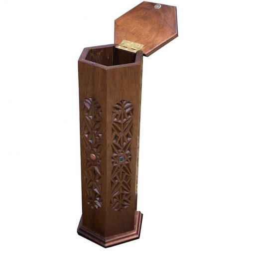 Carved wooden megillah ester case lid open