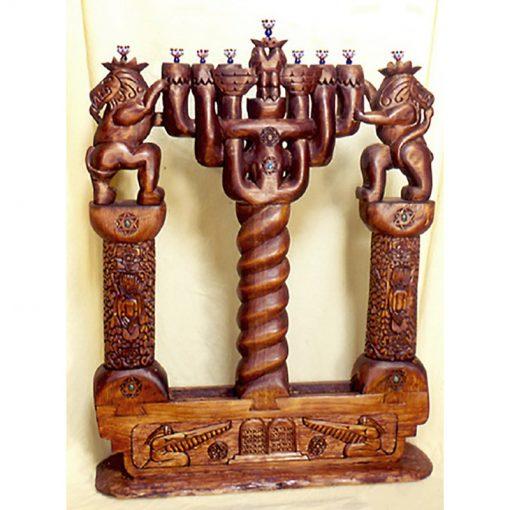 carved full standing wood menorah with glass holders