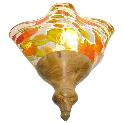 Olive wood base ner tamid with blown glass in amber, yellow, and white