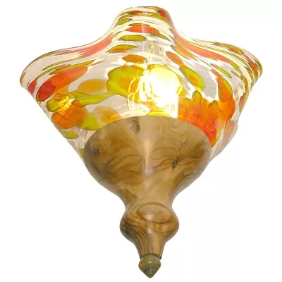 Olive wood base ner tamid with blown glass in amber, yellow, and white