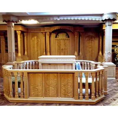Synagogue Interior, aron kodesh, and bimah, carved by hand from solid wood in traditional style