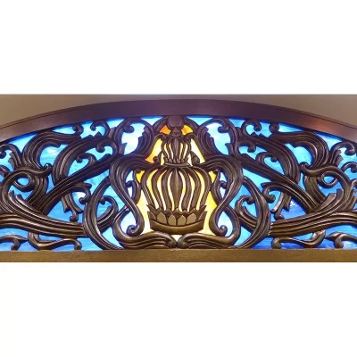 mounted aron kodesh ner tamid with stained glass and carving