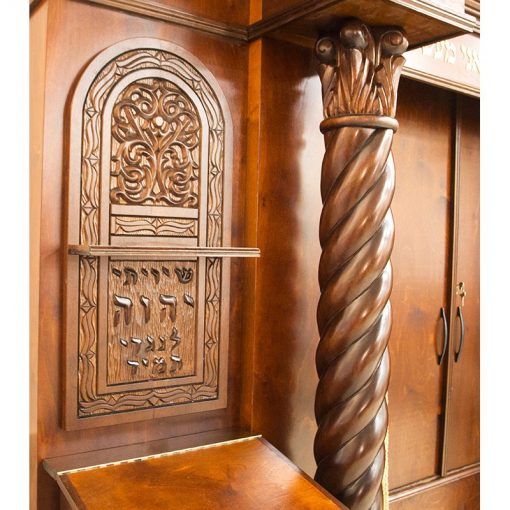 Custom designed and carved detail of wood aron kodesh for synagogue