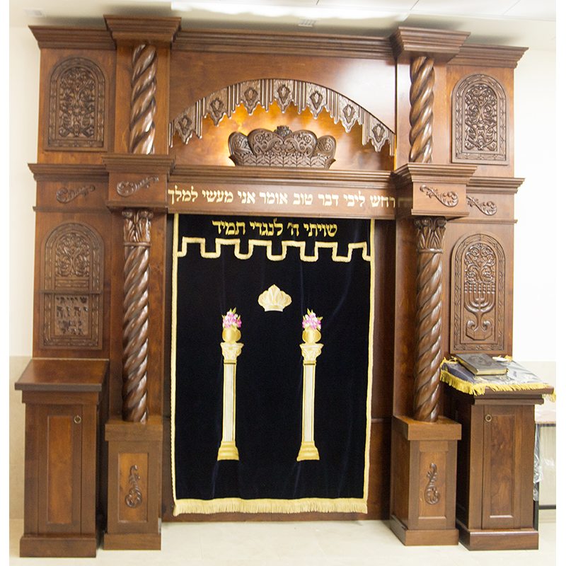 custom designed wood Aron Kodesh features hand carving and lighting