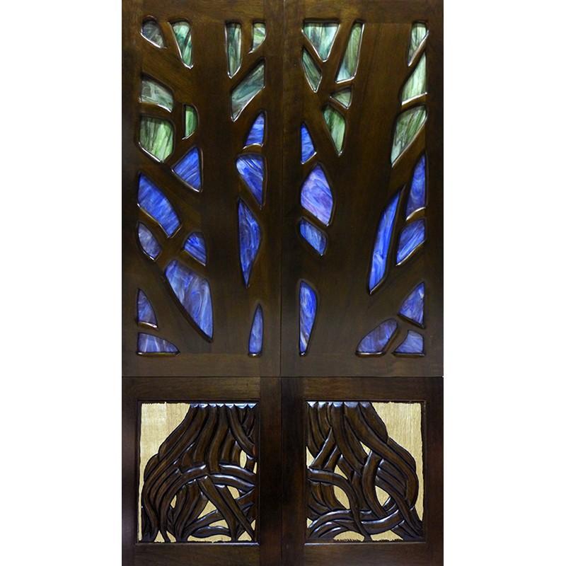 Torah Ark Doors in Carving and Stained Glass Custom built for Synagogue in Los Angeles