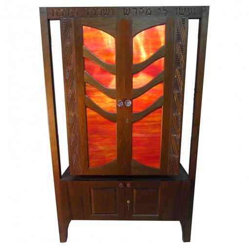 Stained glass torah ark with tree carving