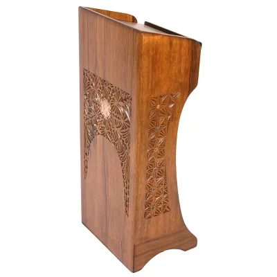 carved wood podium for synagogue with carving and brss overlay