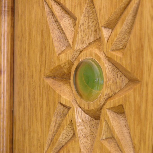 Contemporary aron kodesh with carving and glass inlays detail