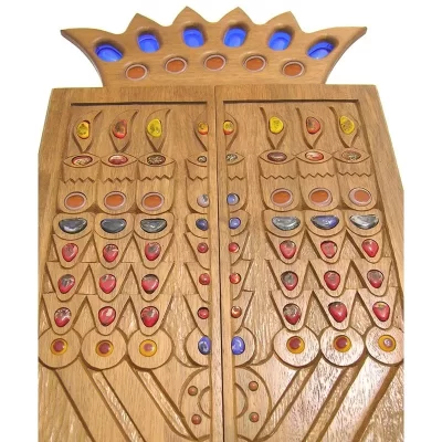 menorah aron kodesh with glass inlaid into the carved doors