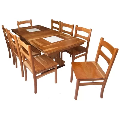 Cherry wood dining table set with chairs and tile inlays