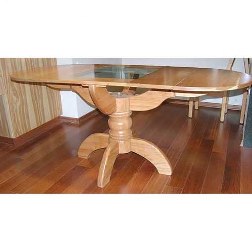 cherry wood pedestal table with extending ends and wood hinges