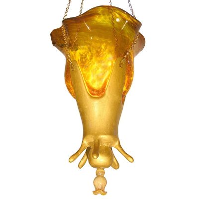 gold carved eternal light with hand blown glass