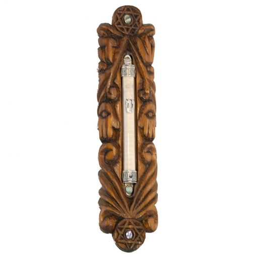 wood carved and glass mezuzah for jewish home gift