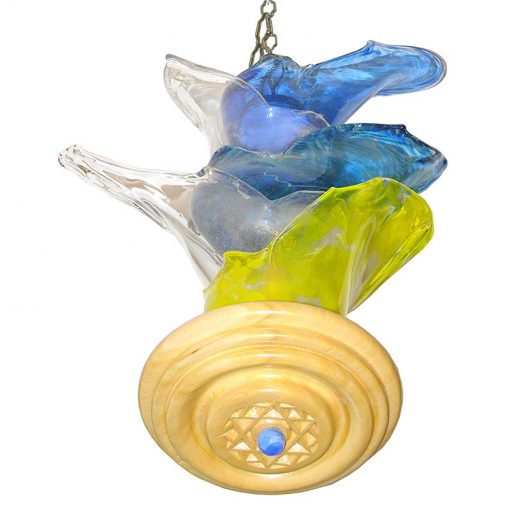 Ner tamid with eternal light blown glass nesting flames in yellow and blue