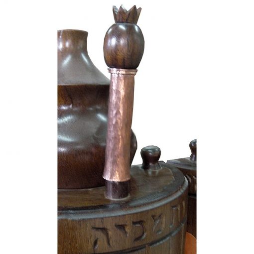 copper and wood torah rimmonim on sefer torah sephardi